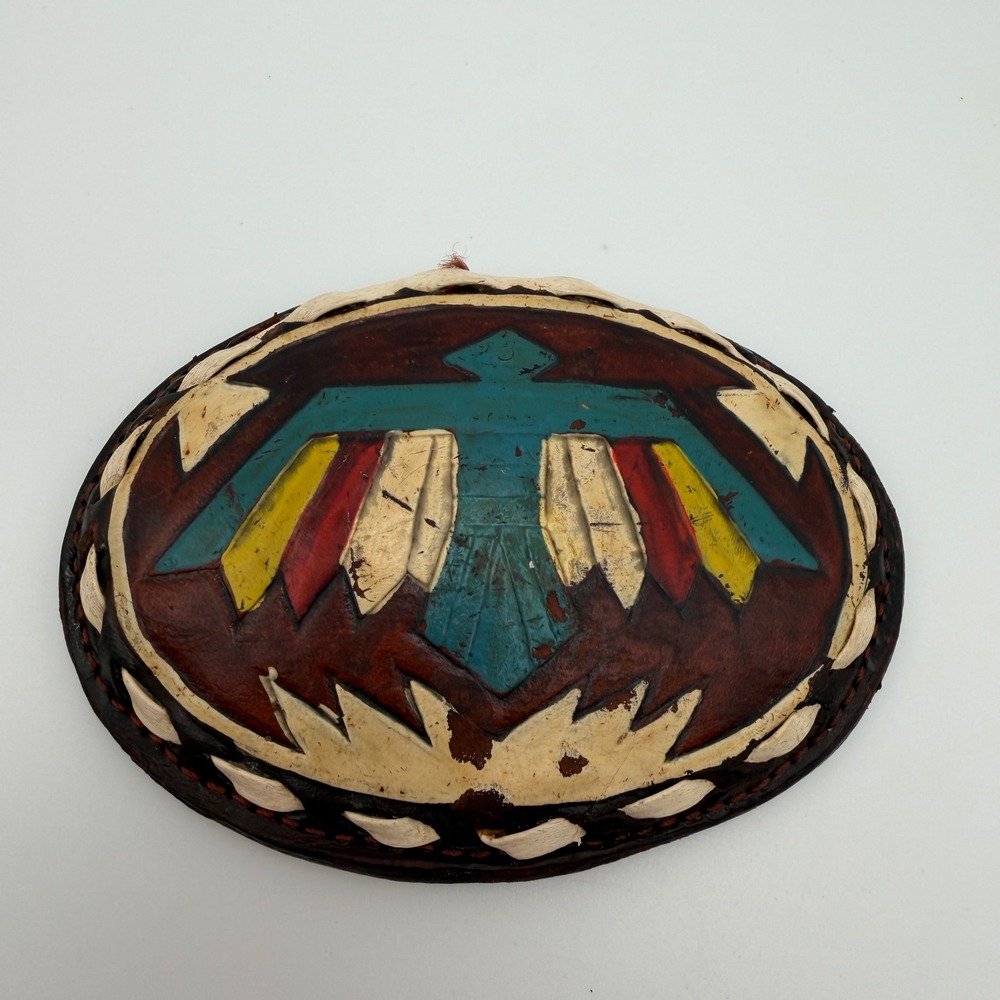 VTG Justin Leather Belt Buckle Hand Tooled Thunderbird Painted Oval‎ 61-P